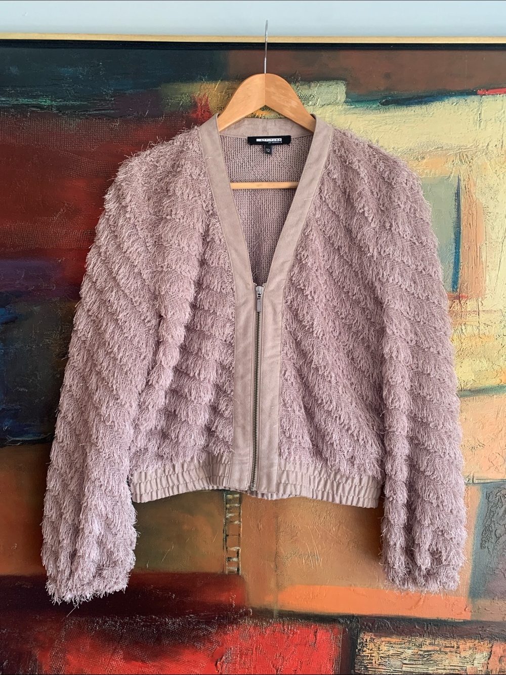 Textured Fringe Full Zip Bomber Jacket in Taupe/Blush, Sz 12 (M)
